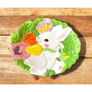 Vtg Bunny Rabbit Easter Serving Platter Oval Ceramic Plate Dish 13"  x 11"